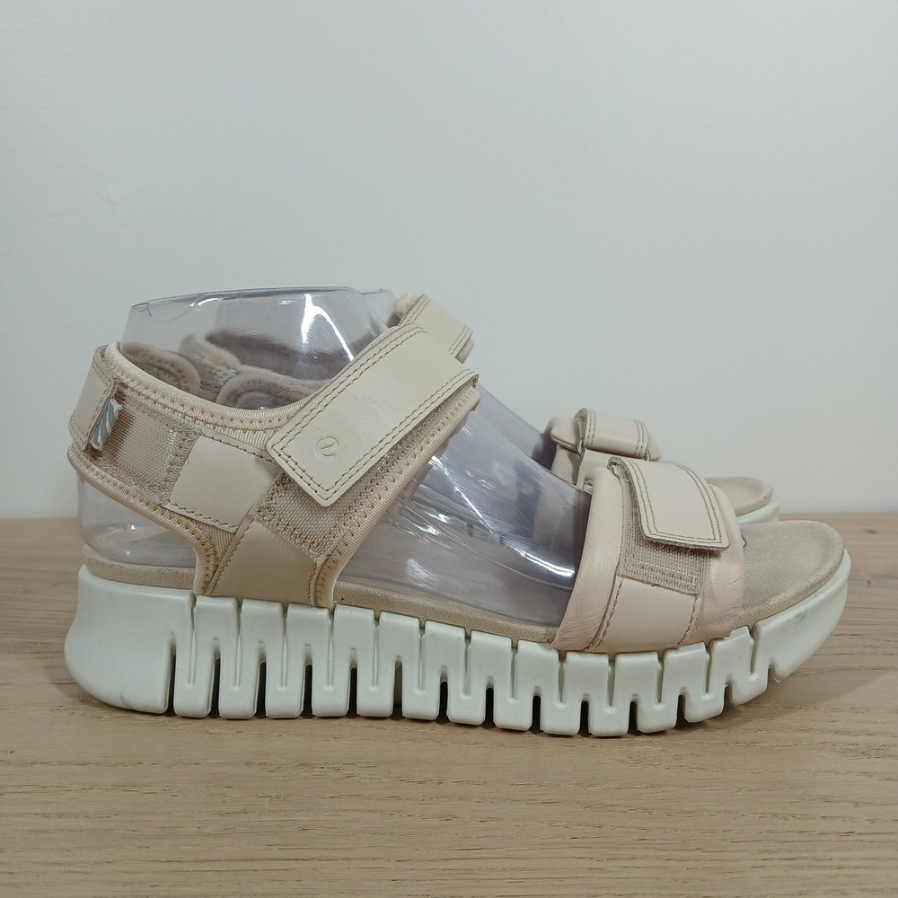 Ecco Sandals Women 8-8.5 Beige Leather Strappy Platform Chunky Comfort - Picture 5 of 11